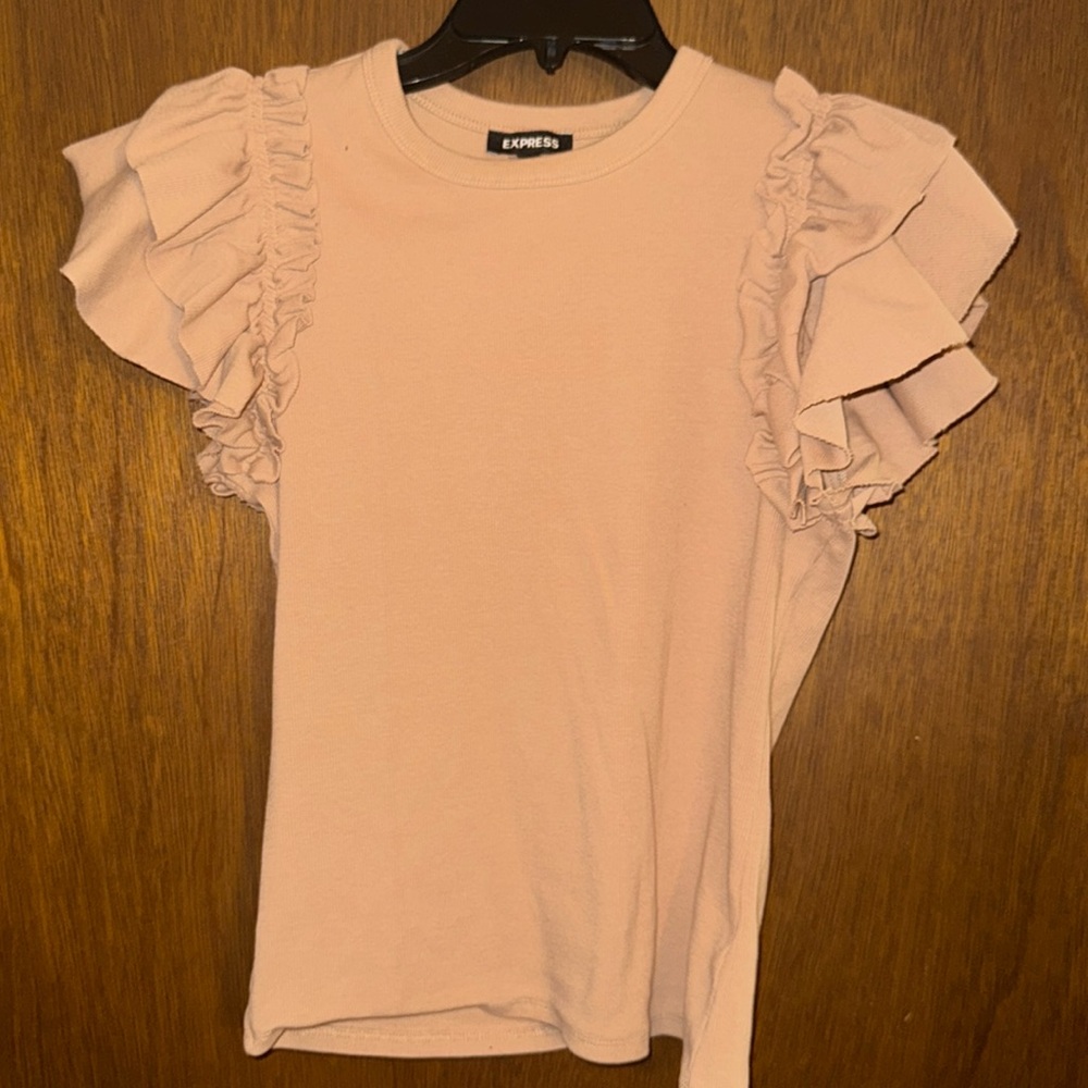 Express Ribbed Ruffle Sleeve Tee Tan, Women’s Medium